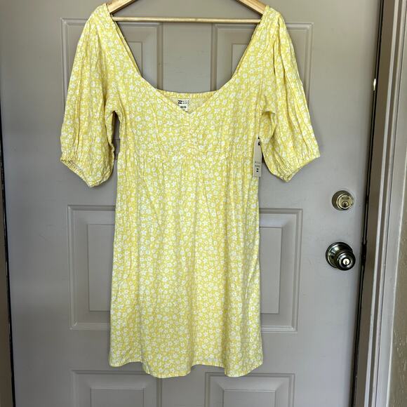 Billabong Sea Side Yellow White Floral Summer Puff Sleeve Cottage Dress Size L - Picture 1 of 9